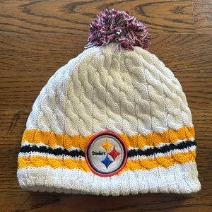 NFL Steelers Pink White Black Yellow Breast Cancer Awareness Hat Beanie Pom